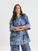 SATIN MANDERN NECK SHIRT - Blue