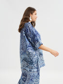 SATIN MANDERN NECK SHIRT - Blue