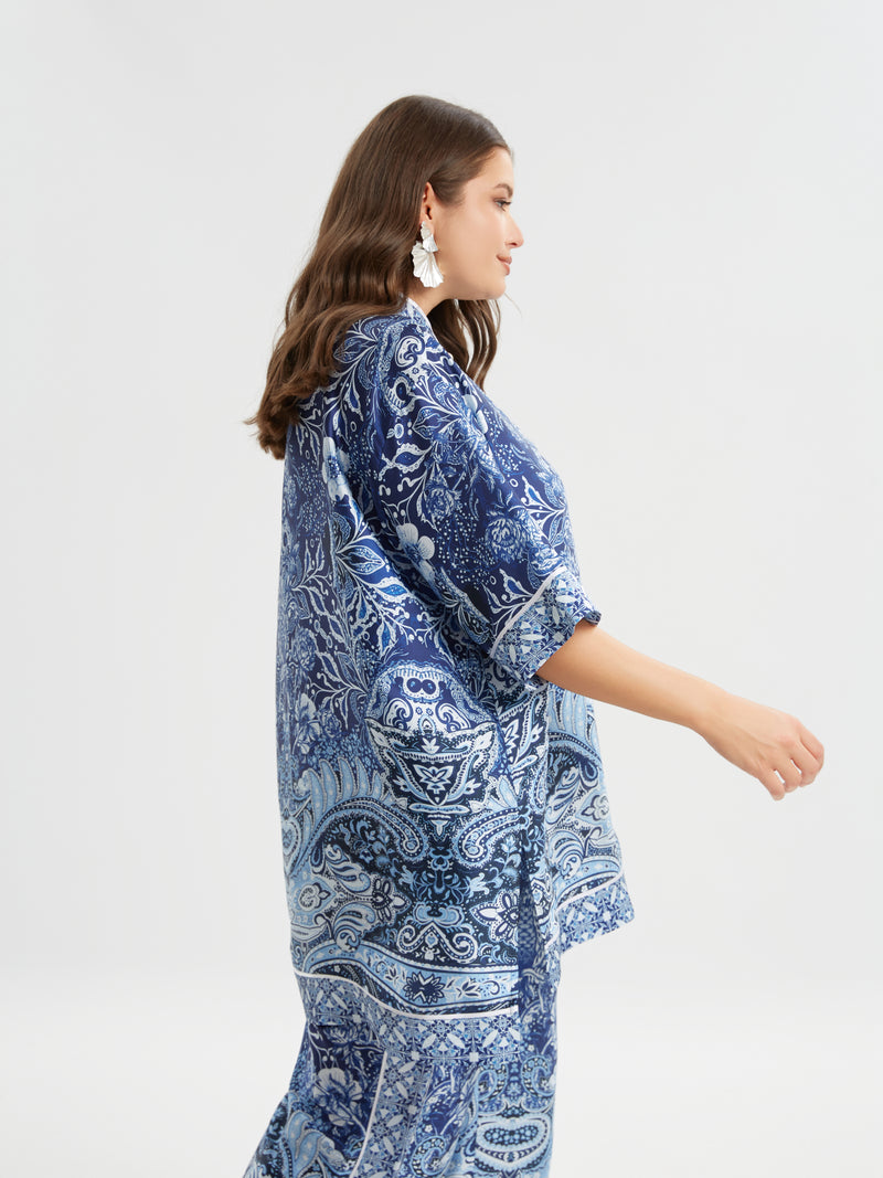 SATIN MANDERN NECK SHIRT - Blue