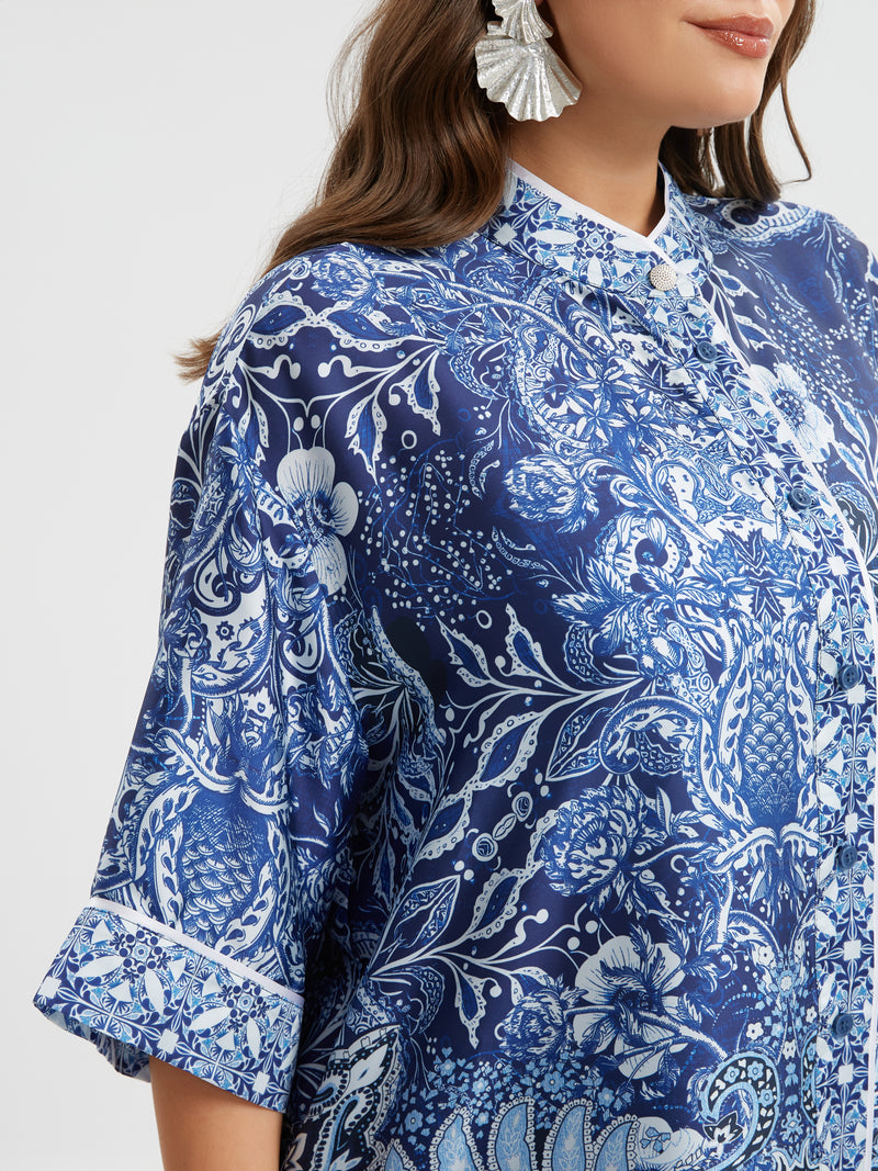 SATIN MANDERN NECK SHIRT - Blue