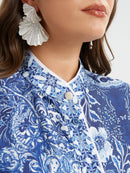 SATIN MANDERN NECK SHIRT - Blue