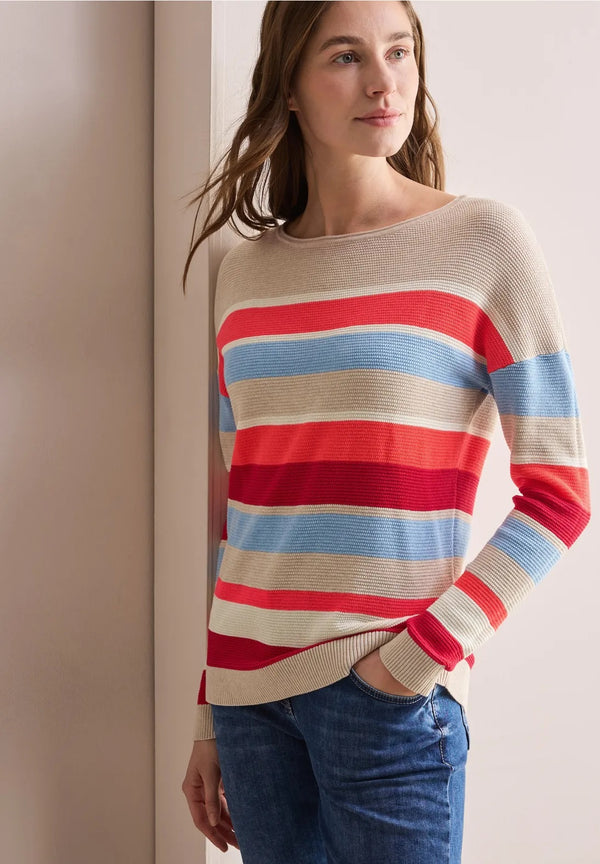 Structure Stripe Boat Neck Jumper - Desert Beige Melange