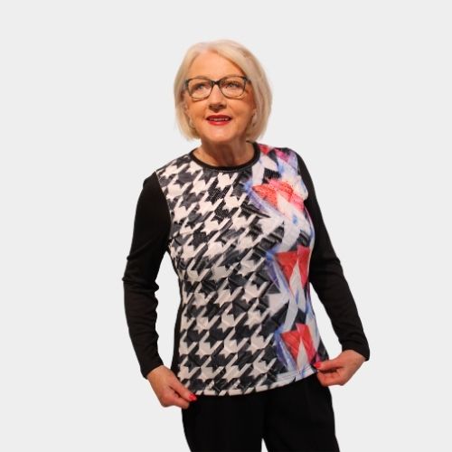 Check & Abstract Round Neck Jumper - Print