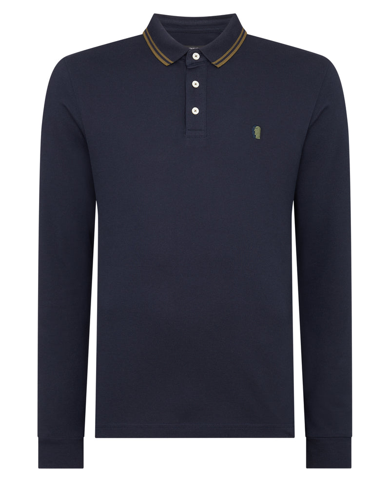 Branded Long Sleeve Polo - Navy/olive