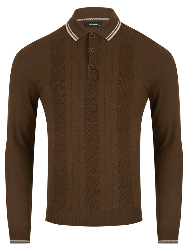 Long Sleeve Knit Polo - Brown