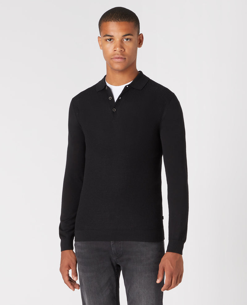 Long Sleeve Knitted Polo - Black
