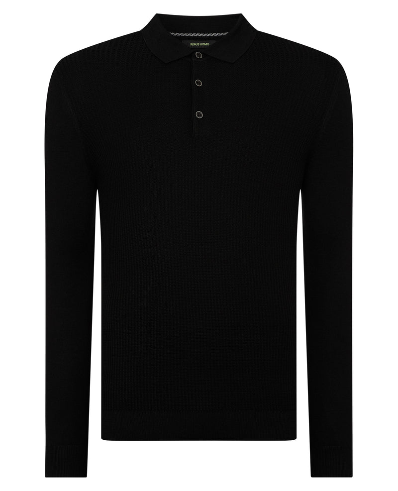 Long Sleeve Knitted Polo - Black