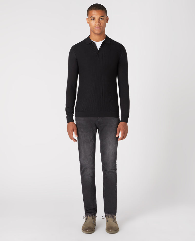 Long Sleeve Knitted Polo - Black