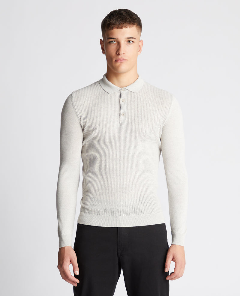 Long Sleeve Knitted Polo - Light Grey