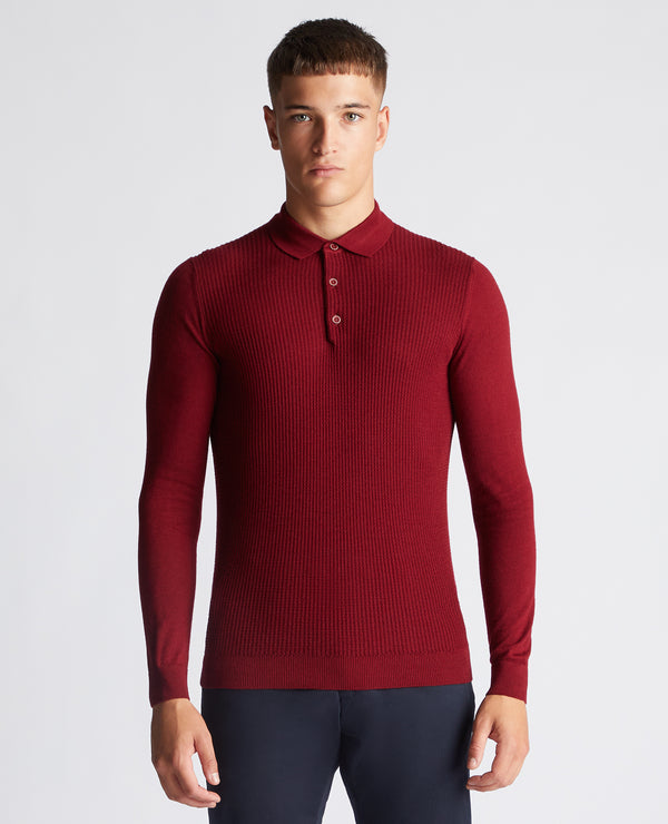 Long Sleeve Knitted Polo - Maroon
