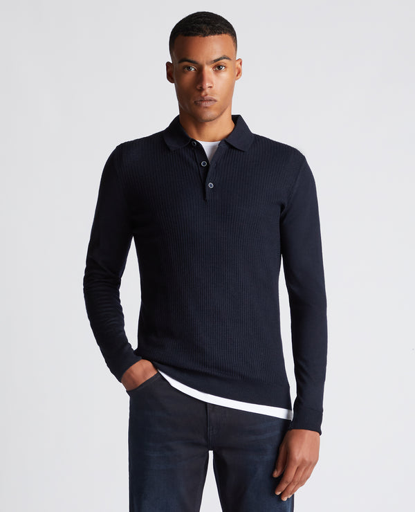 Long Sleeve Knitted Polo - Navy1