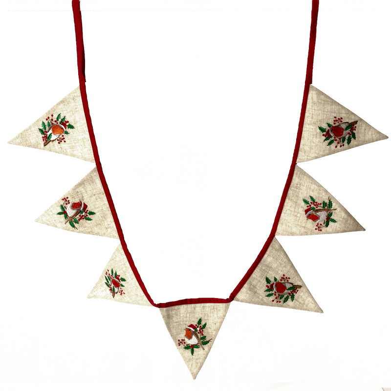 Christmas Robin Embroidered Bunting Cotton & Linen
