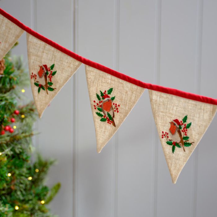 Christmas Robin Embroidered Bunting Cotton & Linen