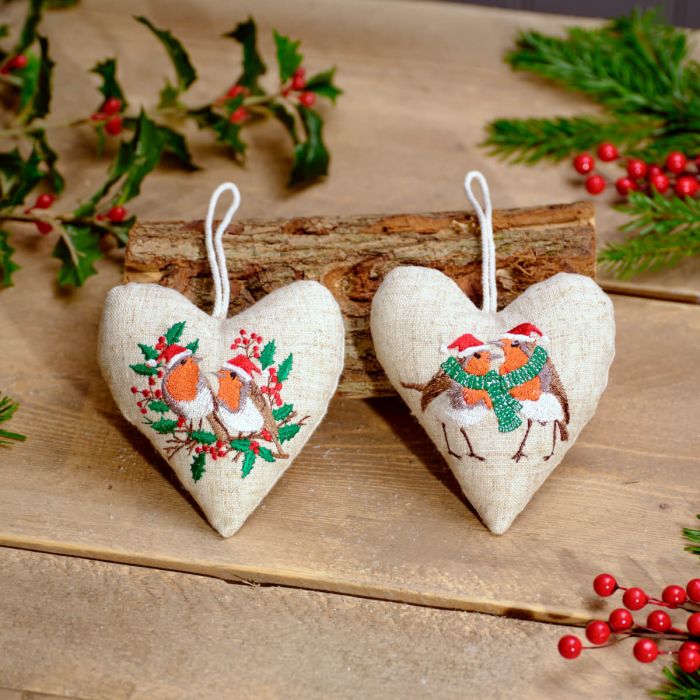 Christmas Robin Embroidered Bunting Cotton & Linen Heart