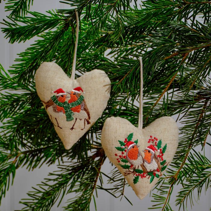 Christmas Robin Embroidered Bunting Cotton & Linen Heart