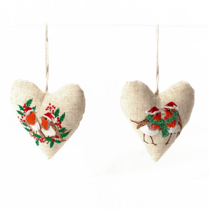 Christmas Robin Embroidered Bunting Cotton & Linen Heart