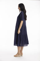 Cotton layered midi dress - Navy