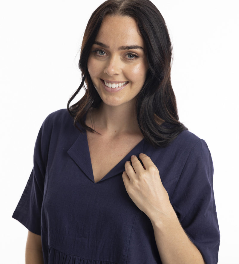 Cotton layered midi dress - Navy