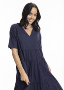 Cotton layered midi dress - Navy