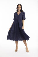 Cotton layered midi dress - Navy