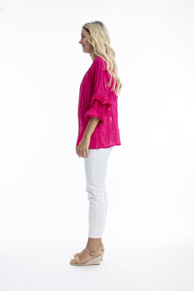 Cotton frill sleeve top - Pink