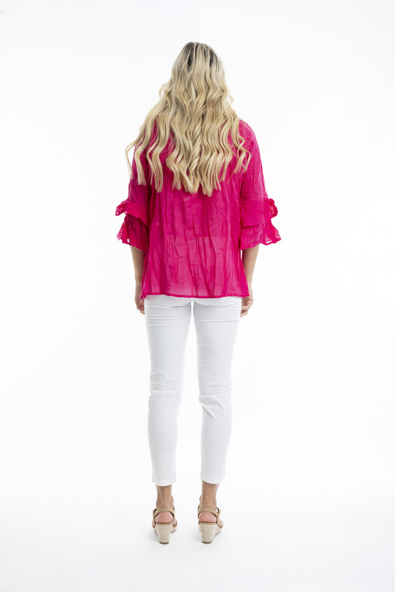 Cotton frill sleeve top - Pink