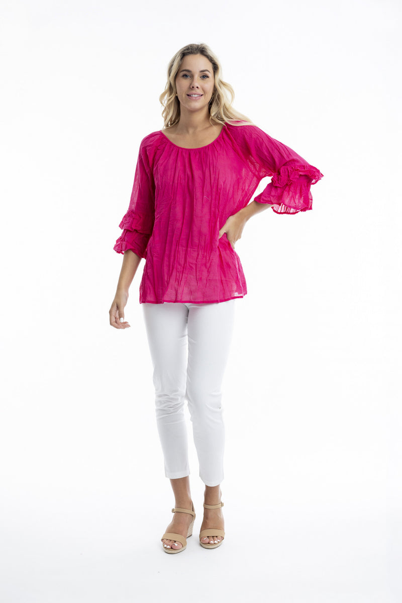 Cotton frill sleeve top - Pink