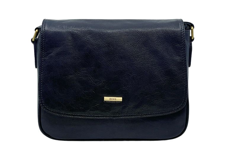 Triple Zip Top Shoulder Handbag - Navy