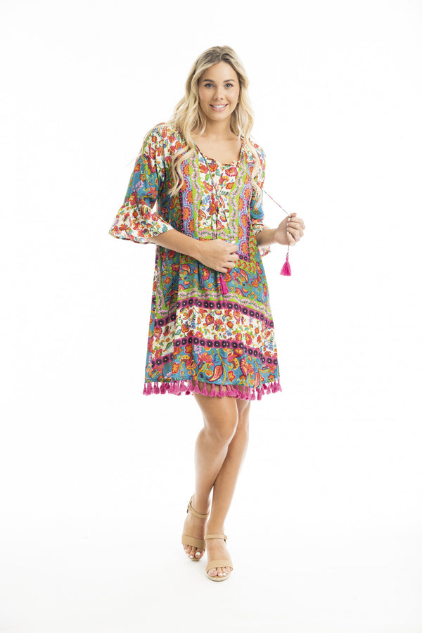 Pink/green tassel dress/tunic - Green/pink
