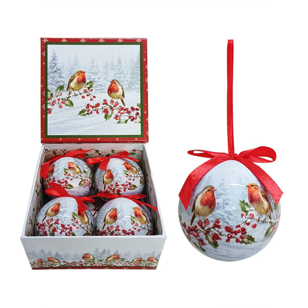 Set of 4 Baubles Gift Boxed - 2 Robins