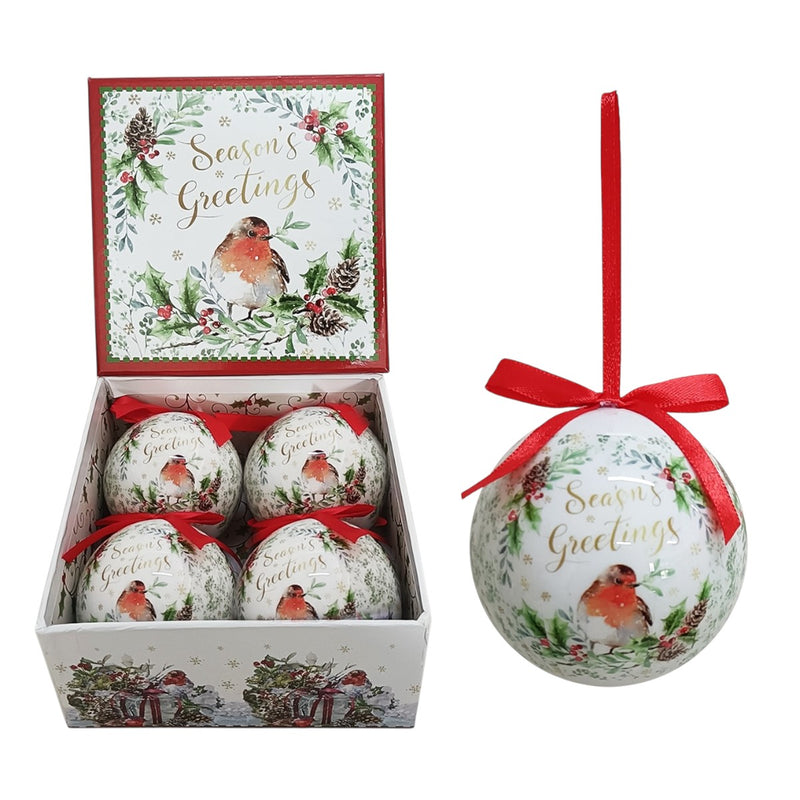 Set of 4 Baubles Gift Boxed - Christmas Robin Scene