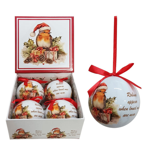 Set of 4 Baubles Gift Boxed - Robin & Message