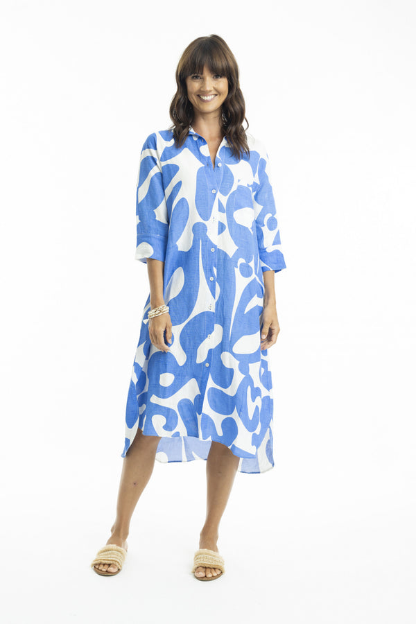 ESCAPE LINEN DRESS - Blue/white