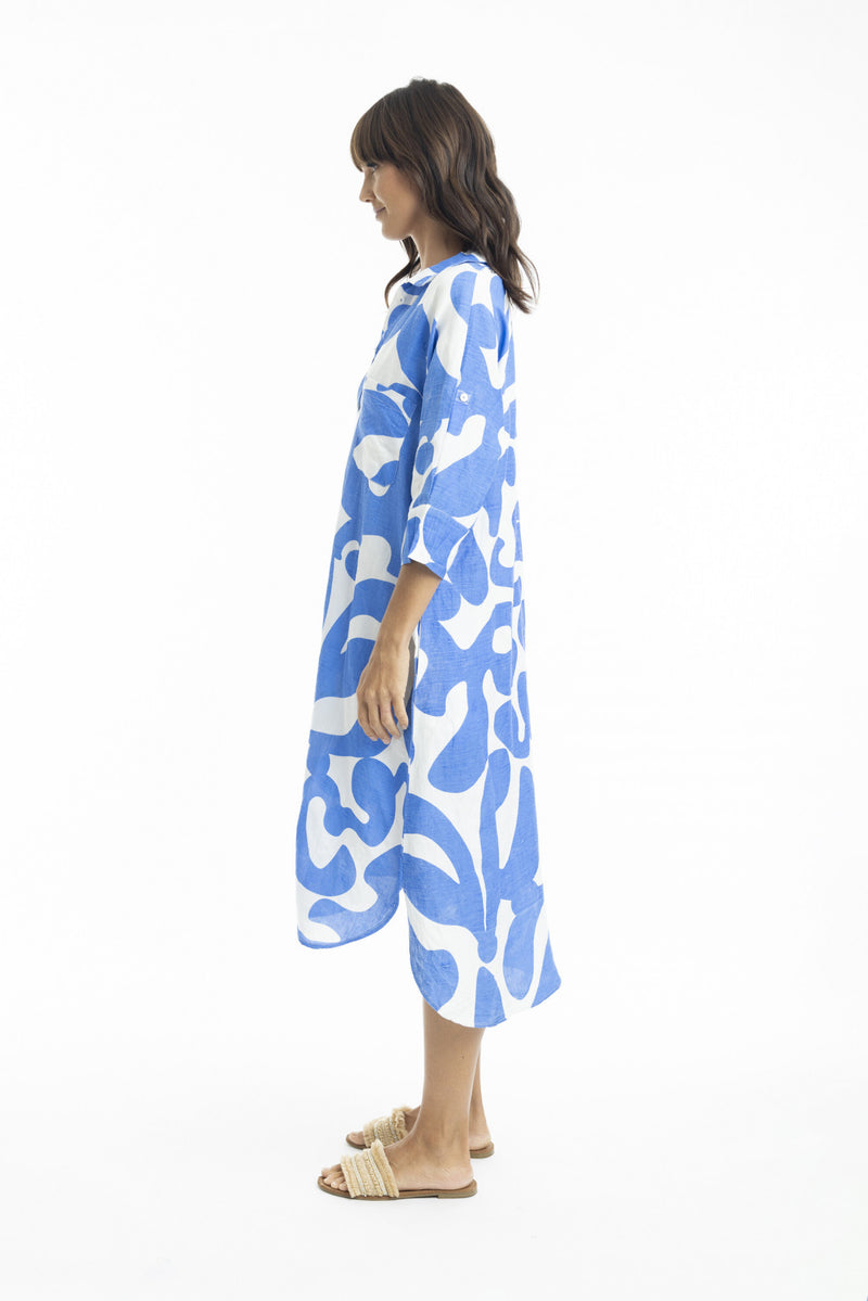 ESCAPE LINEN DRESS - Blue/white