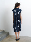 Cambria Sleeveless Drawstring Dress - Navy/linen White