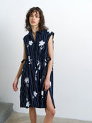 Cambria Sleeveless Drawstring Dress - Navy/linen White