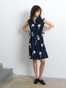 Cambria Sleeveless Drawstring Dress - Navy/linen White