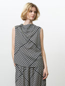 Striped Damasco Cowl Neck Tank Top - Porcelain Cream/black