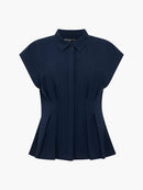 Codie Pleated Button Down Top - Navy