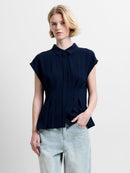Codie Pleated Button Down Top - Navy
