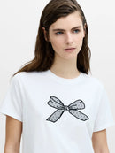 Mesh Bow Cotton T Shirt - Linen White Black