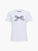 Mesh Bow Cotton T Shirt - Linen White Black