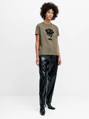 Rose Flocked T Shirt - Khaki Green/black