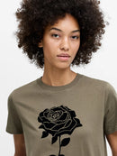Rose Flocked T Shirt - Khaki Green/black