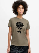 Rose Flocked T Shirt - Khaki Green/black
