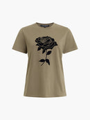 Rose Flocked T Shirt - Khaki Green/black