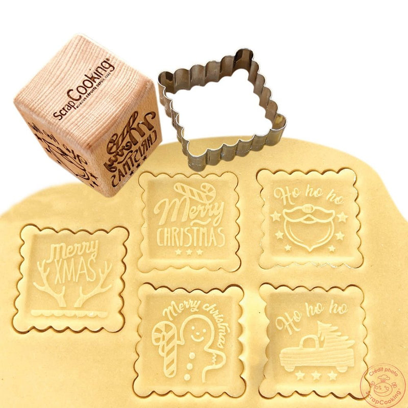 Engraved Xmas Wooden Cube Cookie Stamp with Cutter