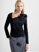 Valetta Jersey Rosette Top - Black