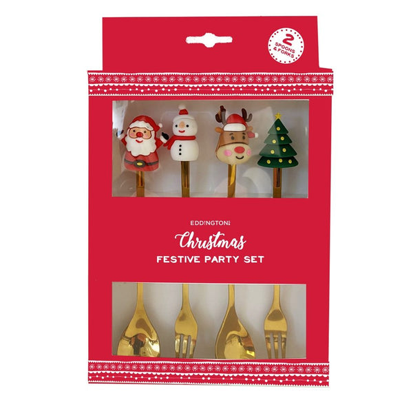 Gold Christmas Teaspoon & Fork Set of 4