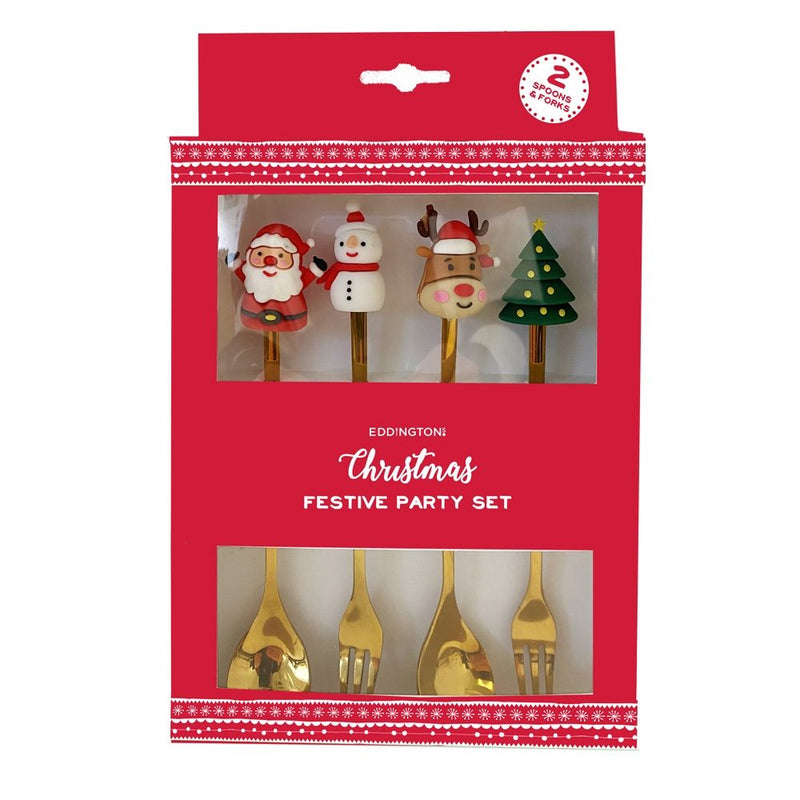 Gold Christmas Teaspoon & Fork Set of 4